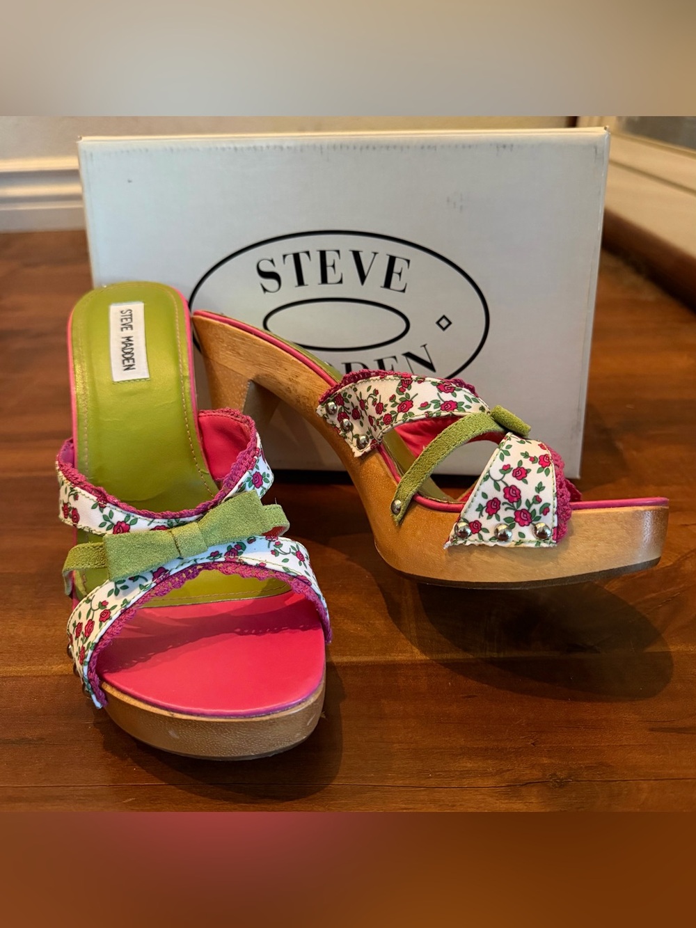 Steve Madden Pink Floral & Lime Green Platform Mules
